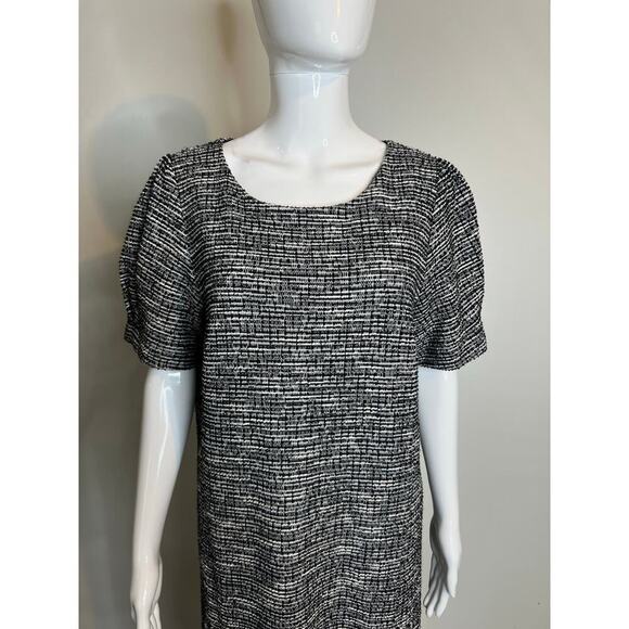 Loft Womens Size 12 Dress Tweed short sleeve Puffed Black Ivory Academia Style - Picture 9 of 10